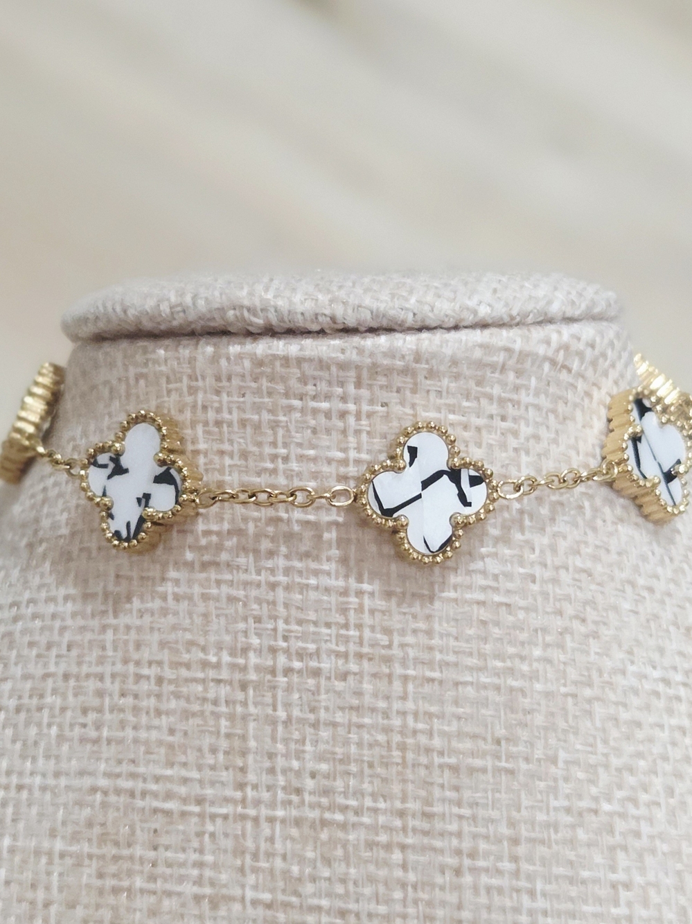 Gold Clover Link Bracelet with White Marbled Inlay - Women Jewelry